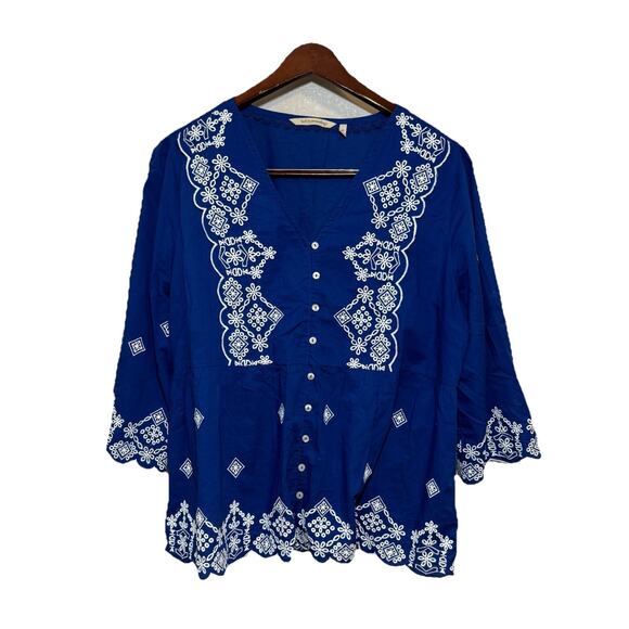Soft Surroundings Women's Embroidered 3/4 Sleeve Peasant Top V Neck Size XL Blue - Picture 1 of 7